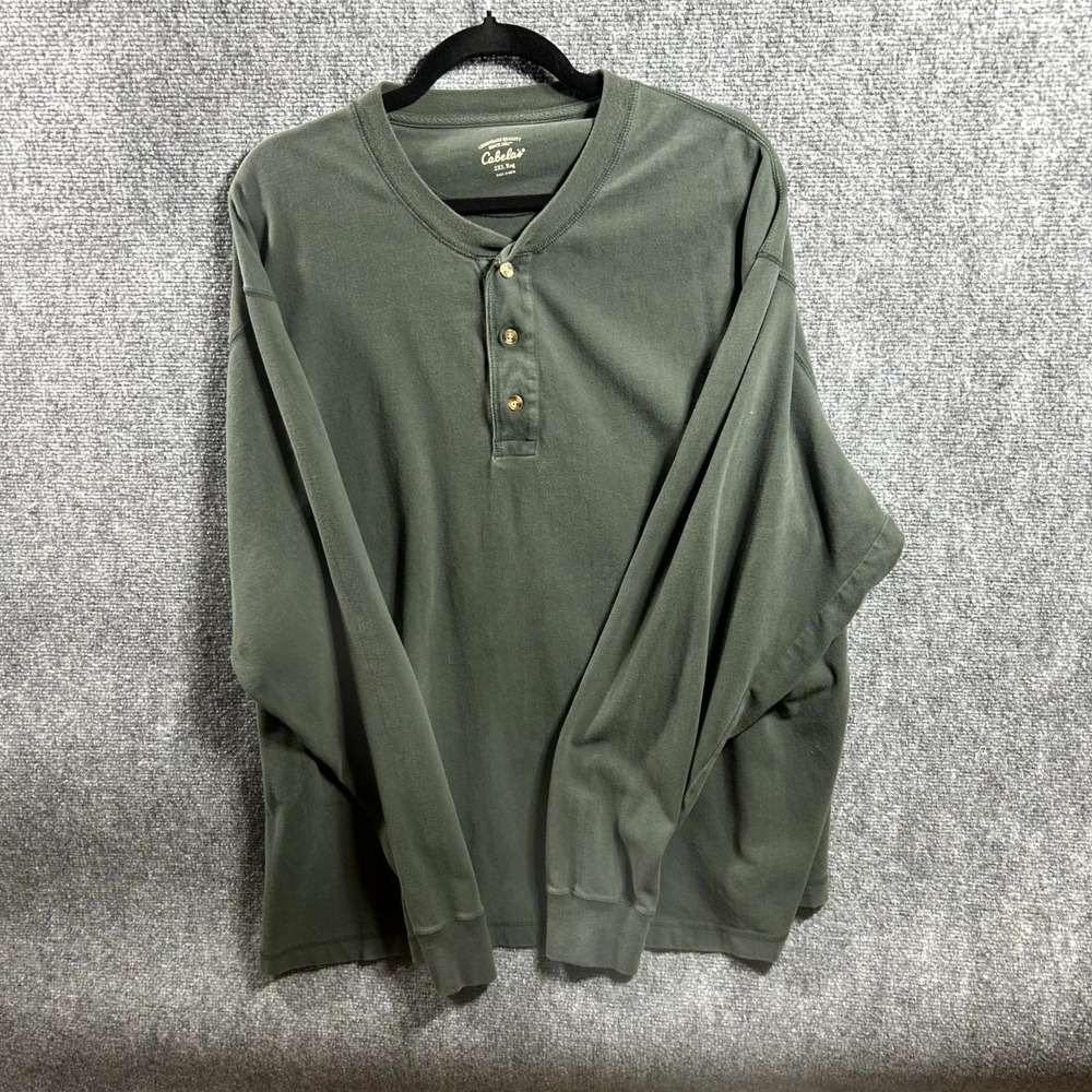 Cabela's Mens Henley Shirt 2XL Green Long Sleeve Ribbed Cuffs Outdoor Pullover